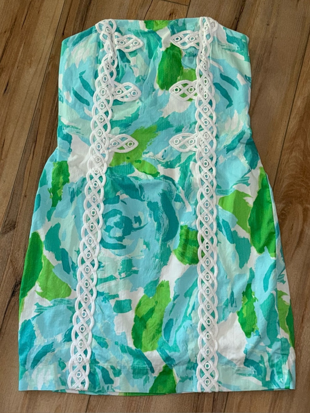 Lilly Pulitzer Shift Dress 6 Aqua Green Floral Rose Strapless White Lace Trim